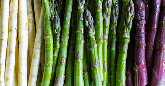 Picture of multi-colored asparagus, white, green and purple.