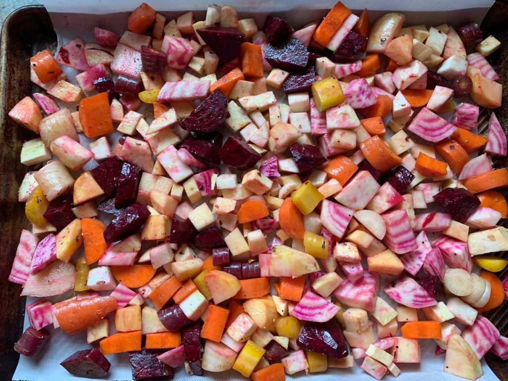 A photo of colorful winter veggies about to be roasted.