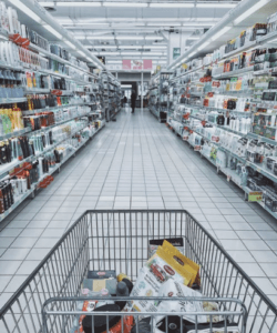 Grocery store picture looking down the aisles.