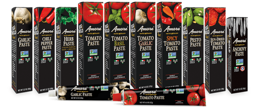 Tubes of garlic, chili and tomato pastes.