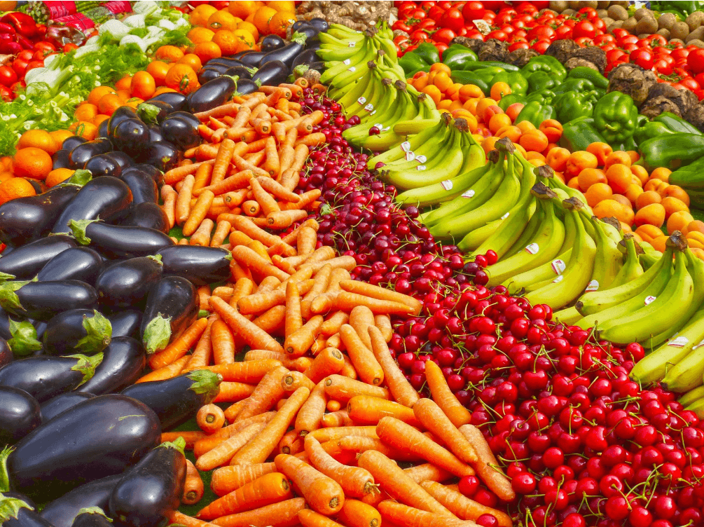 Picture of colorful fruits and veggies.