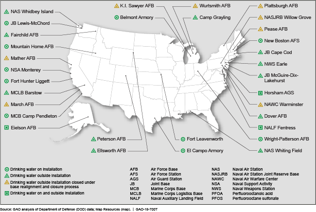 Installations with reported DOD action on firefighting foam chemicals in drinking water, August 2017