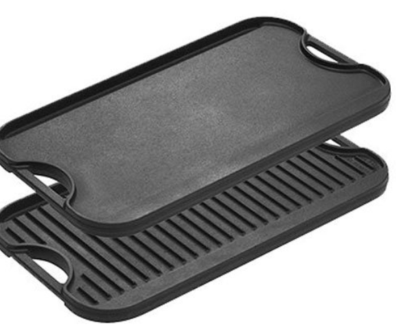 A picture of a reversible cast iron grill pan.