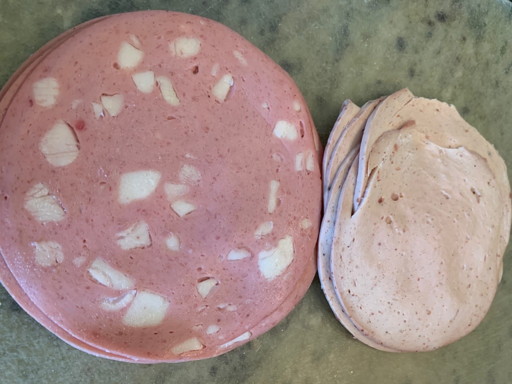 Mortadella dn German bologna side by side.