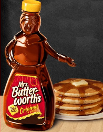 Photo of Mrs. Butterworths bottle and pancakes.