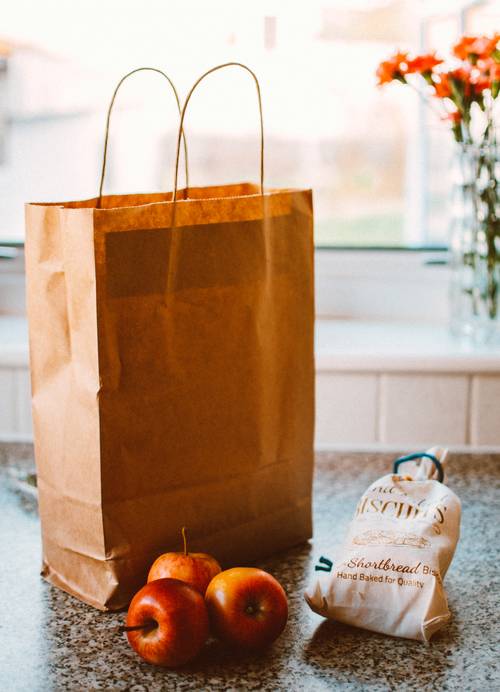 Grocery bag on a countertop.