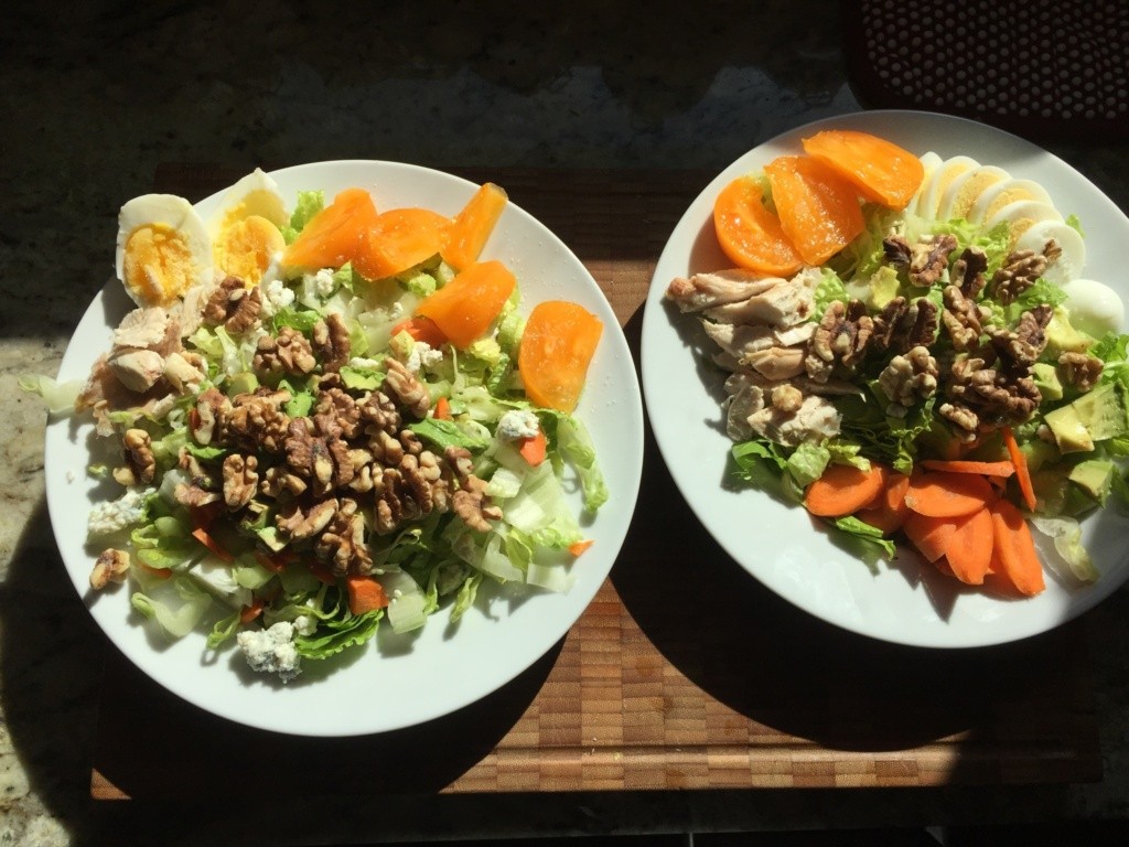 Photo of two Cob Salads, displayed differently, but with same ingredients.