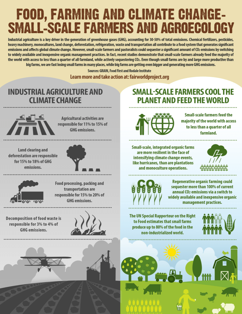 A big chart showing the views of industrial Ag and small scale farmers effects on the planet.