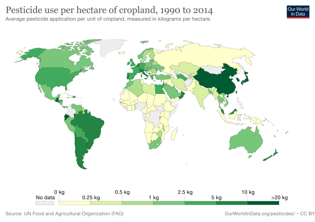 Map of world pesticide use by hectre.