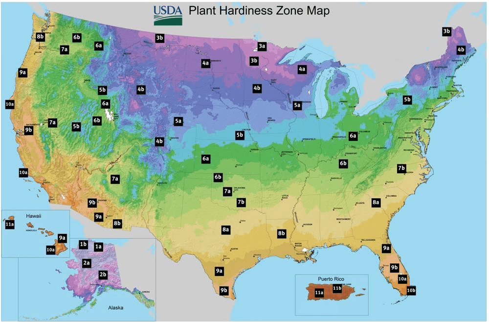 A colorful map of the USA showing gardening zones.