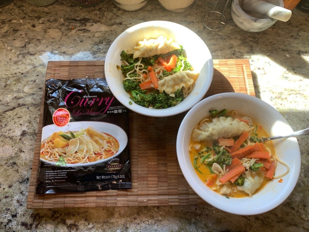 A photo of the soup packaging, and what I made in two bowls.