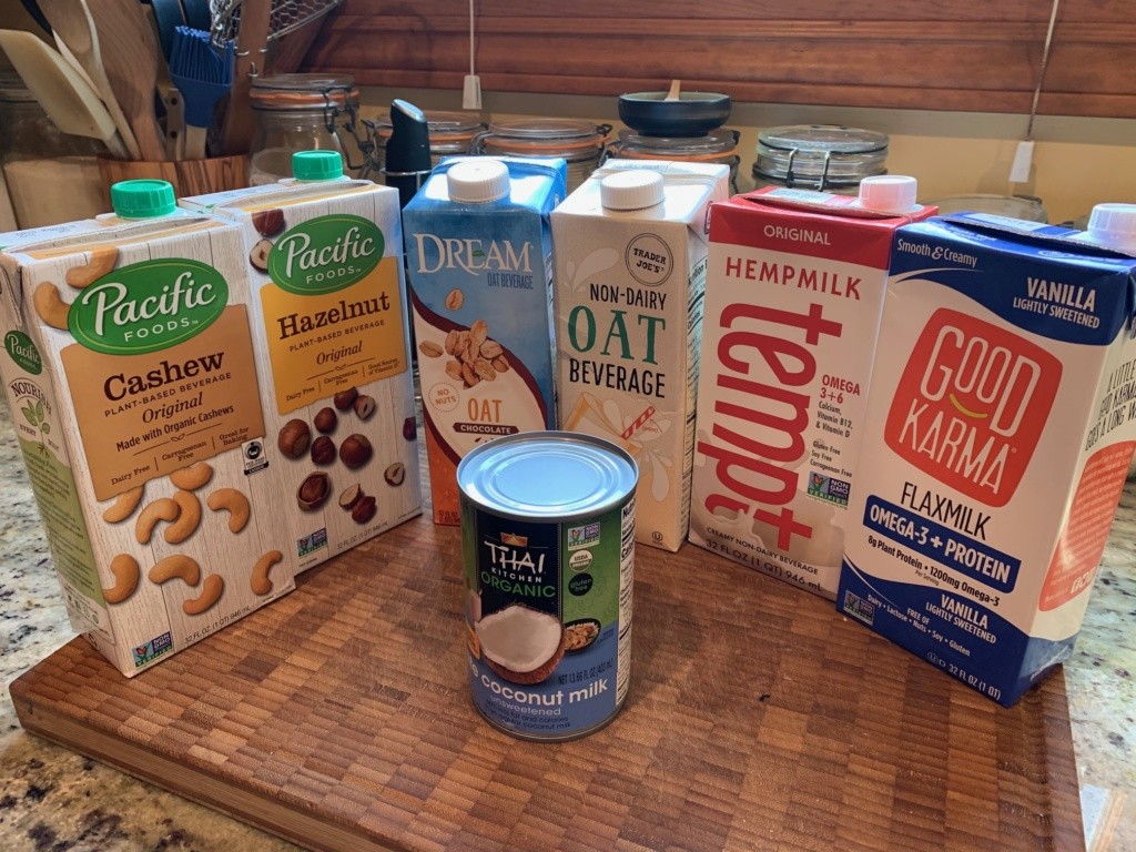 A picture of some of the various plant milks I have purchased for review. Photo by PattyCooks.