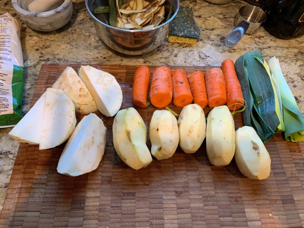 A picture of the larger cut veggies to line the turkey baking pan for cooking.