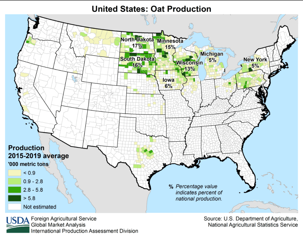 Map showing where oats are grown in the USA.