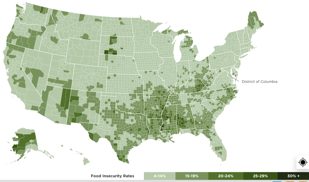 Map of the USA colored by how many people experience hunger.