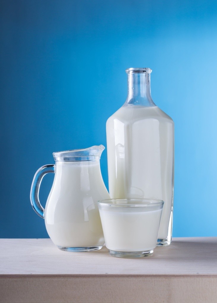 Photo of a pitcher of very white milk, and two filled glasses. Photo source is Pixabay.