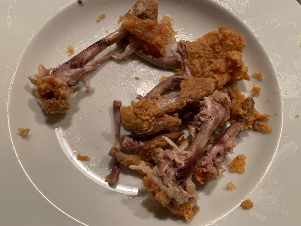 Photo of eaten chicken on a plate, with just the bones left.