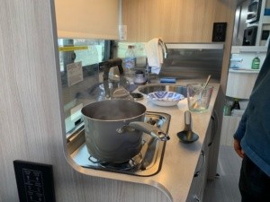 A picture of a messy, in use kitchen counter as I cooked breakfast.