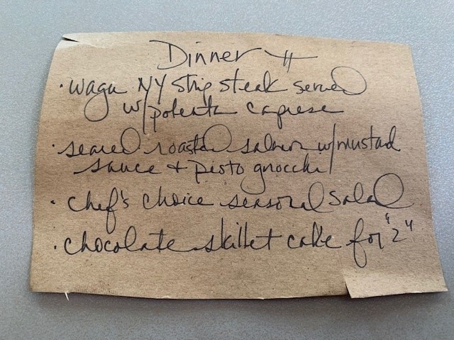 Written menu for dinner.