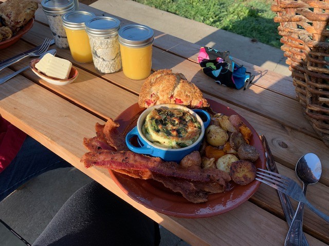 THe food layed out on a picnic table.