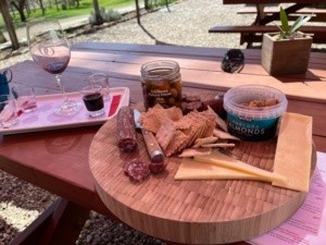 Charcuterie board with all the foods, and nearby a wine glass and shots of wine as part of the tasting process.